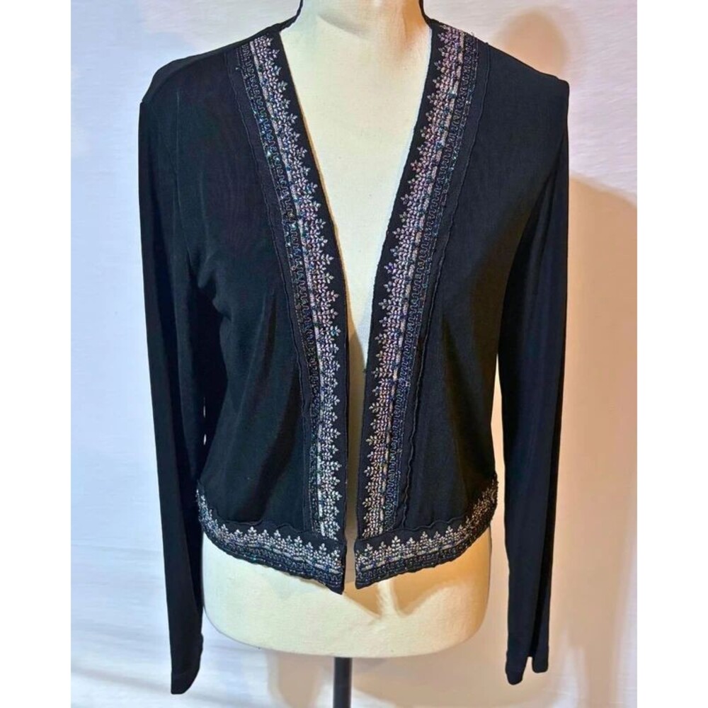 Chicos Travelers Black Beaded V Neck Cardigan Size 0 Sequin Trim Knit Top